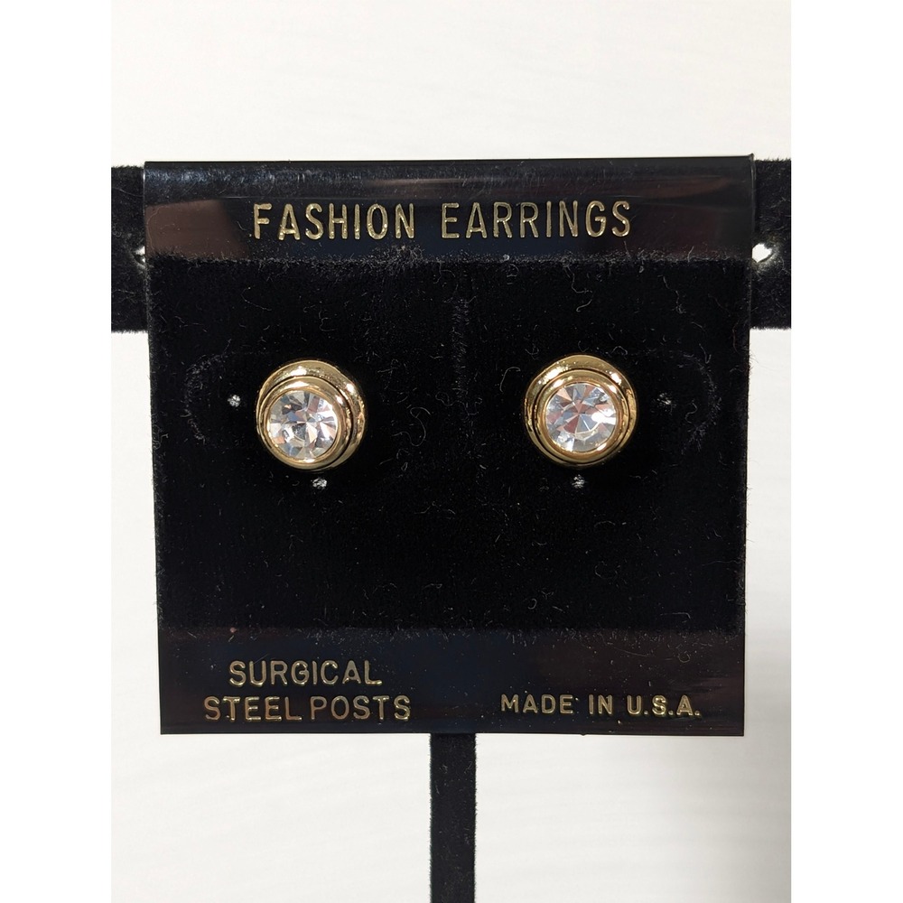 Vintage Made USA‎ Gold Tone CZ Round Stud Earrings Classic Minimalist